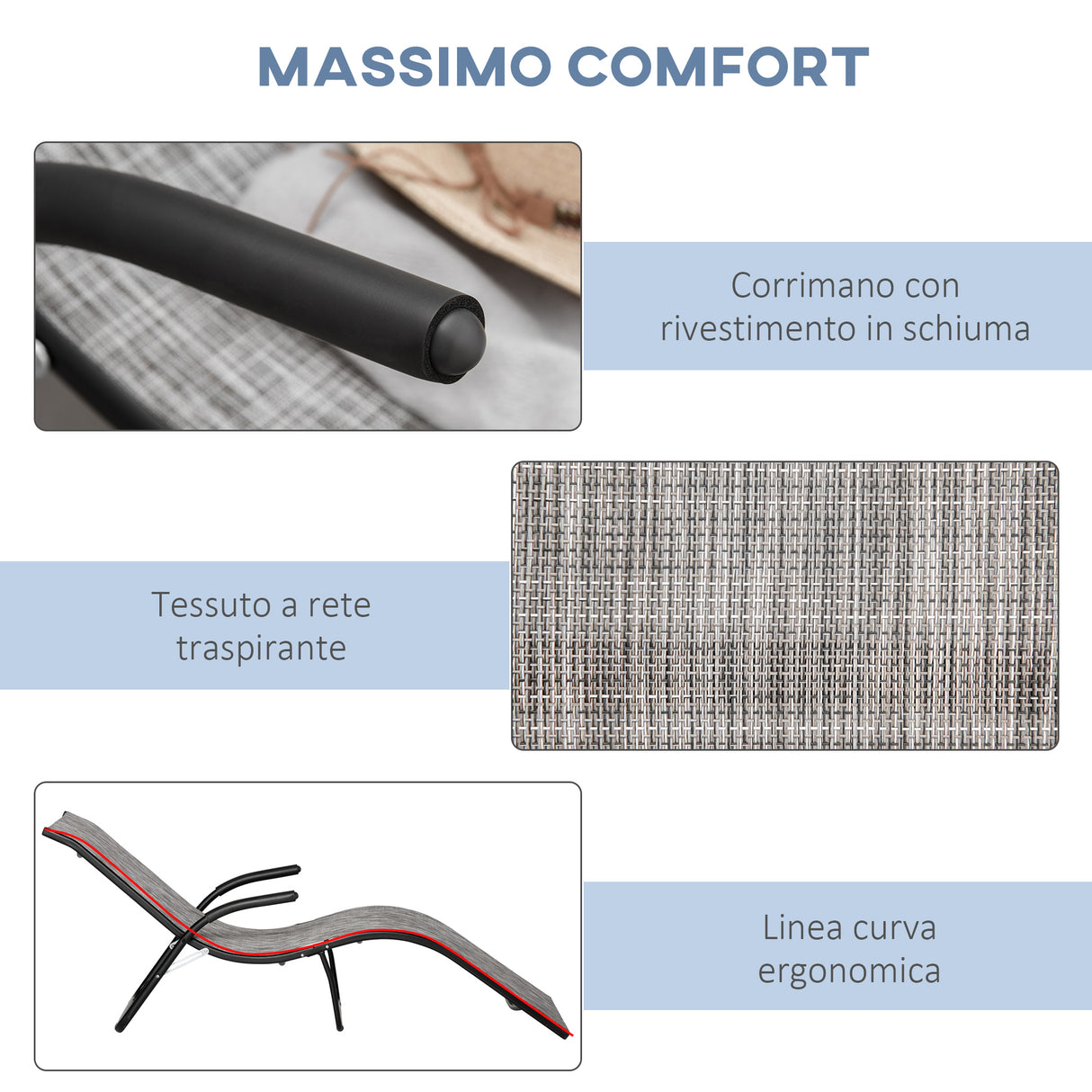 easycomfort easycomfort lettino prendisole pieghevole ergonomico da esterno in metallo e tessuto a rete 170x62x68cm grigio
