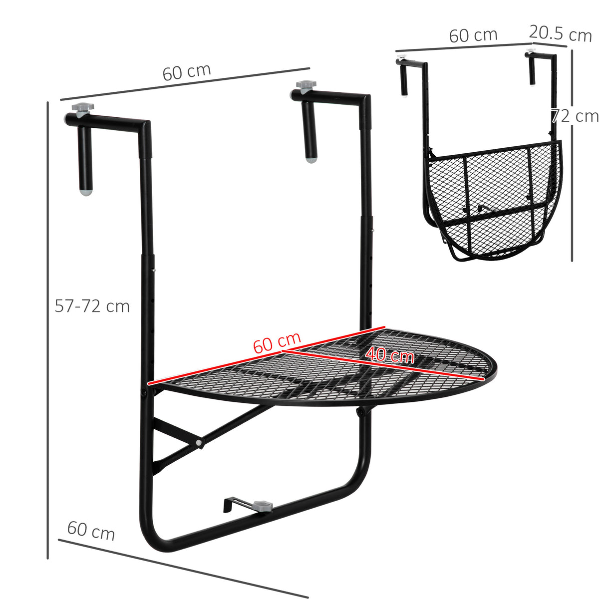 easycomfort tavolo da ringhiera pieghevole e regolabile in metallo 60x60x57 72cm nero