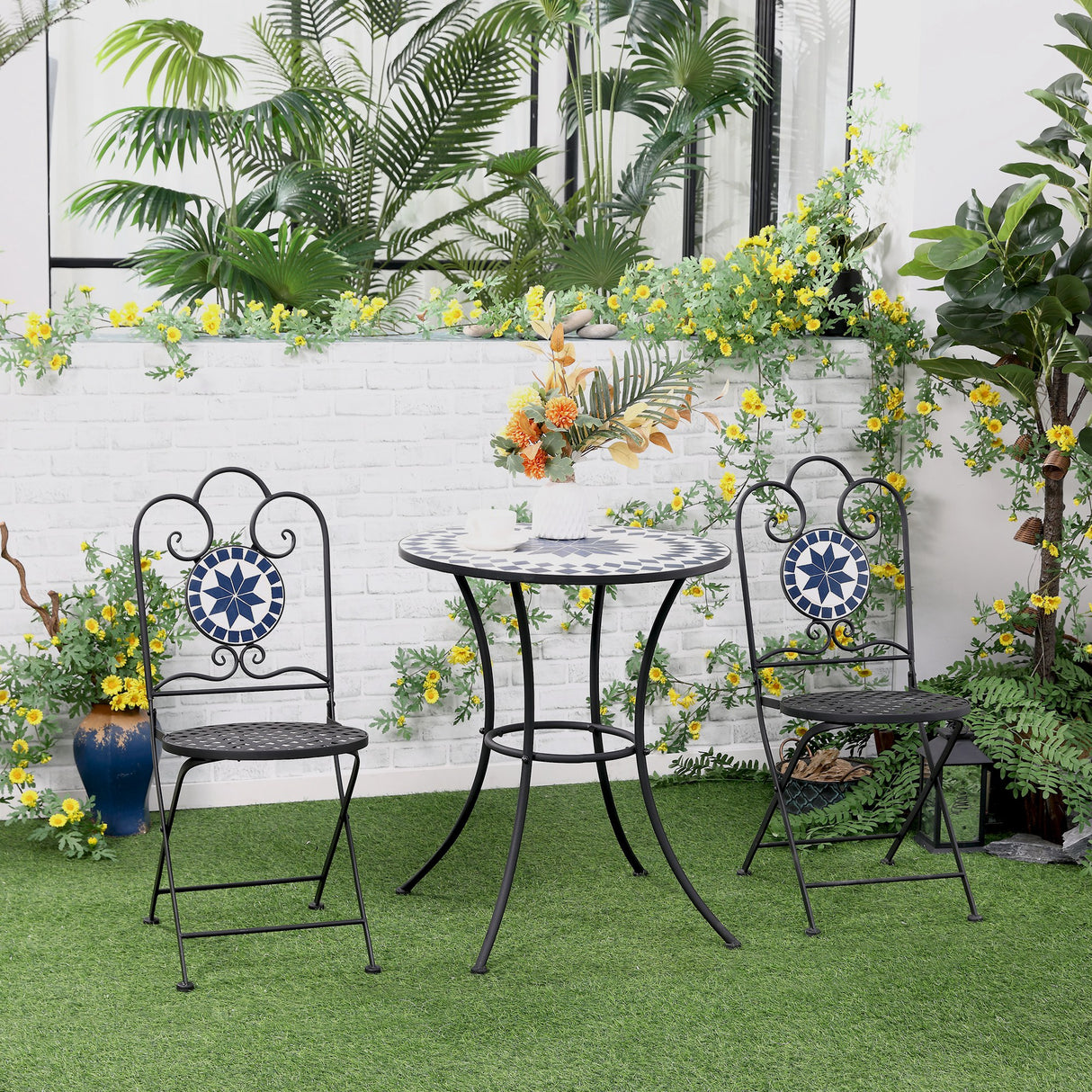 easycomfort set da giardino 3 pezzi con 2 sedie pieghevoli e 1 tavolino rotondo a mosaico