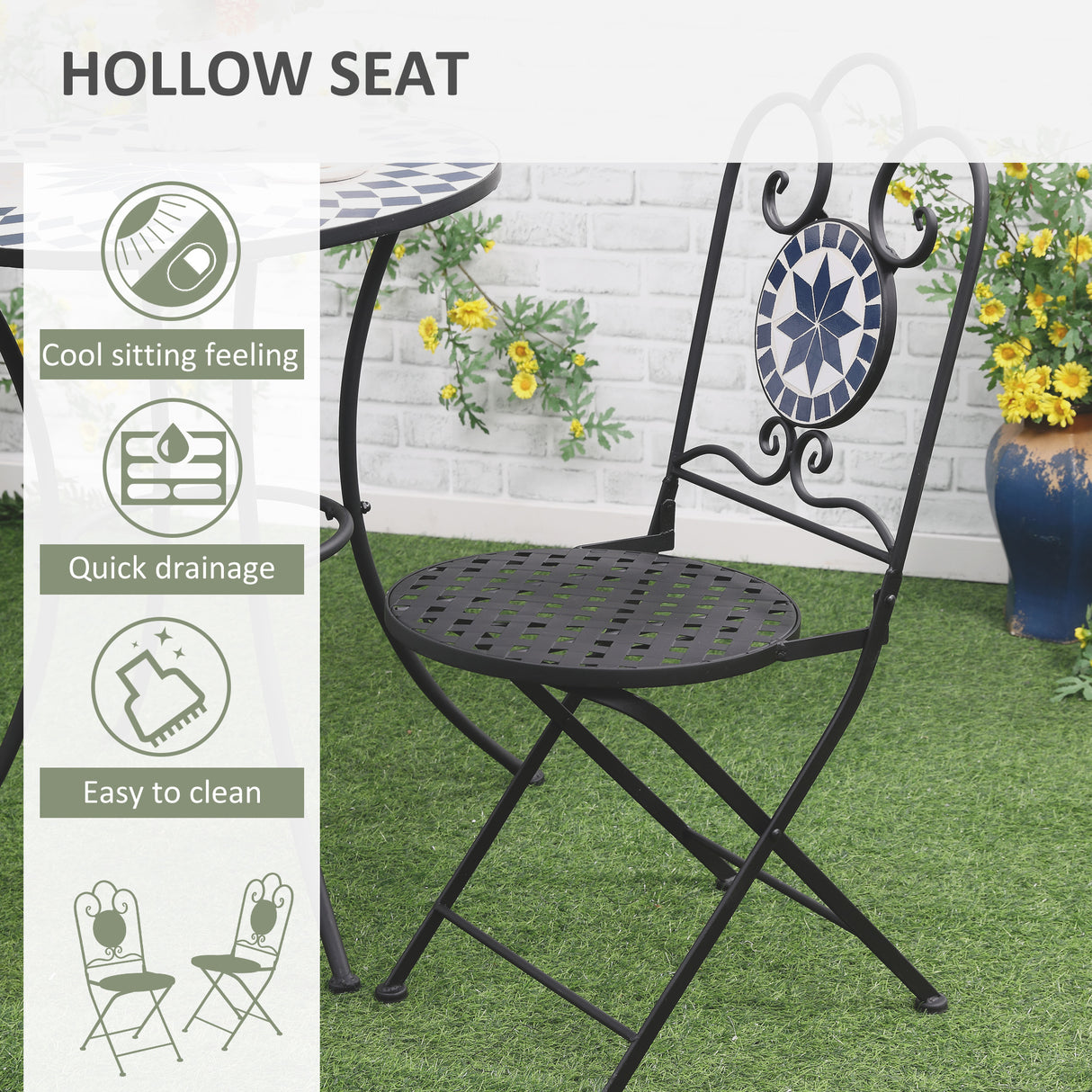 easycomfort set da giardino 3 pezzi con 2 sedie pieghevoli e 1 tavolino rotondo a mosaico