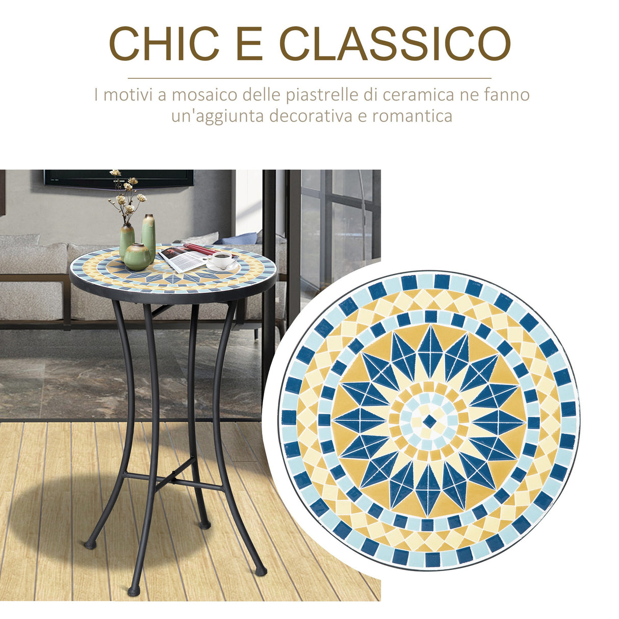 easycomfort easycomfort tavolino da giardino in metallo con piano dappoggio a mosaico 35 5x53 5cm