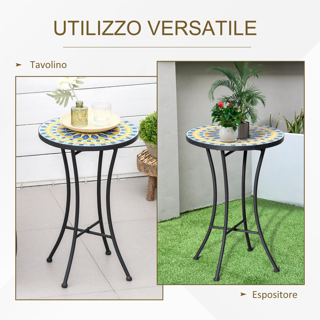 easycomfort easycomfort tavolino da giardino in metallo con piano dappoggio a mosaico 35 5x53 5cm