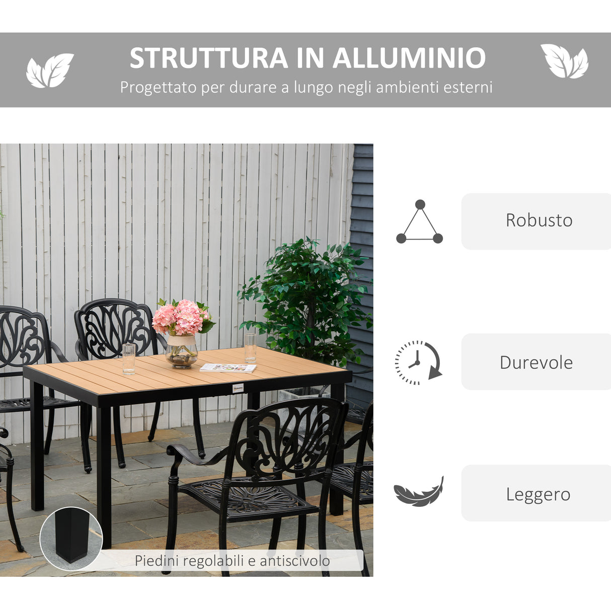 easycomfort tavolo da giardino per 6 persone in alluminio e plastica nero e color legno 33072