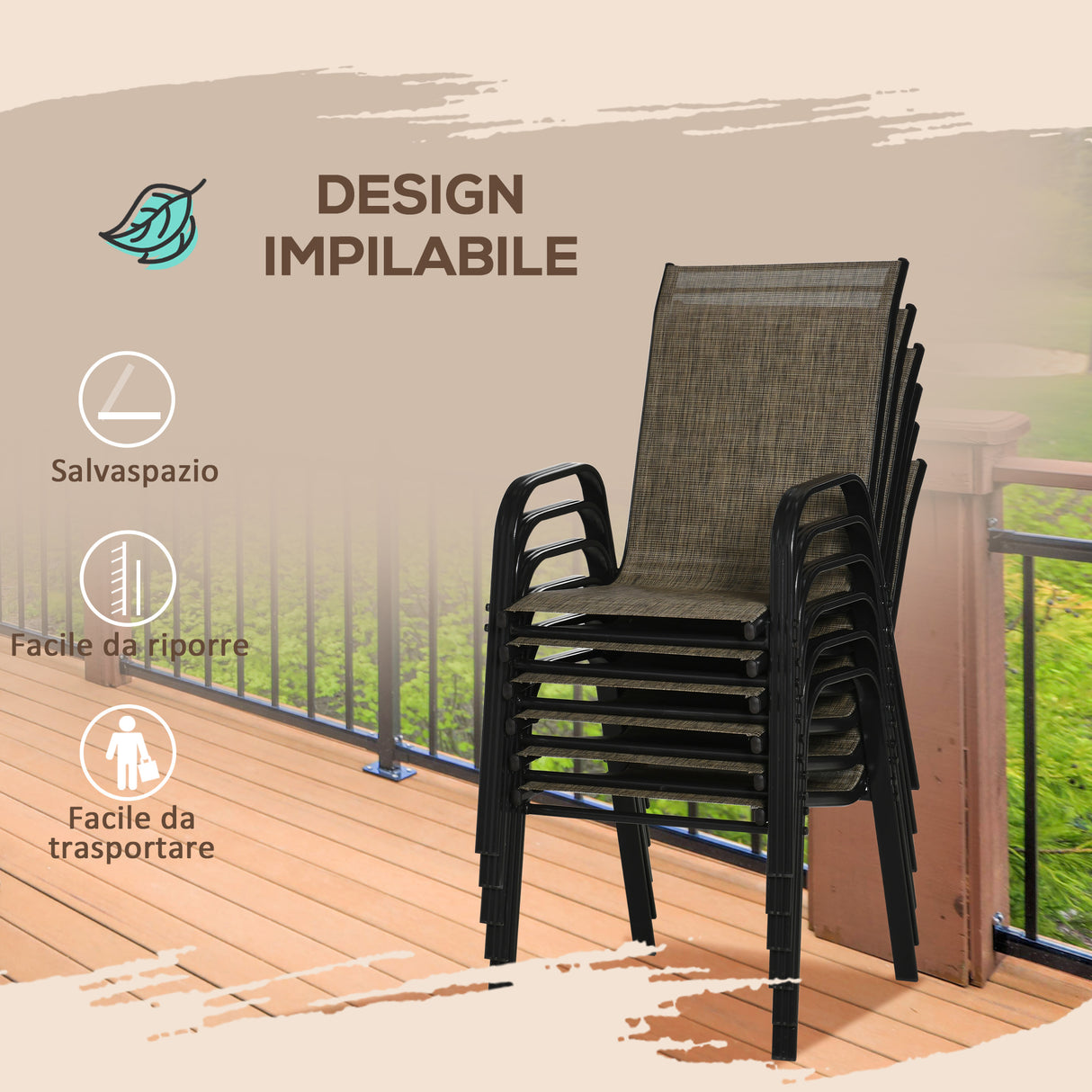 easycomfort easycomfort set 6 pezzi sedie da giardino con braccioli sedie da esterno impilabili in metallo e tessuto traspirante marrone