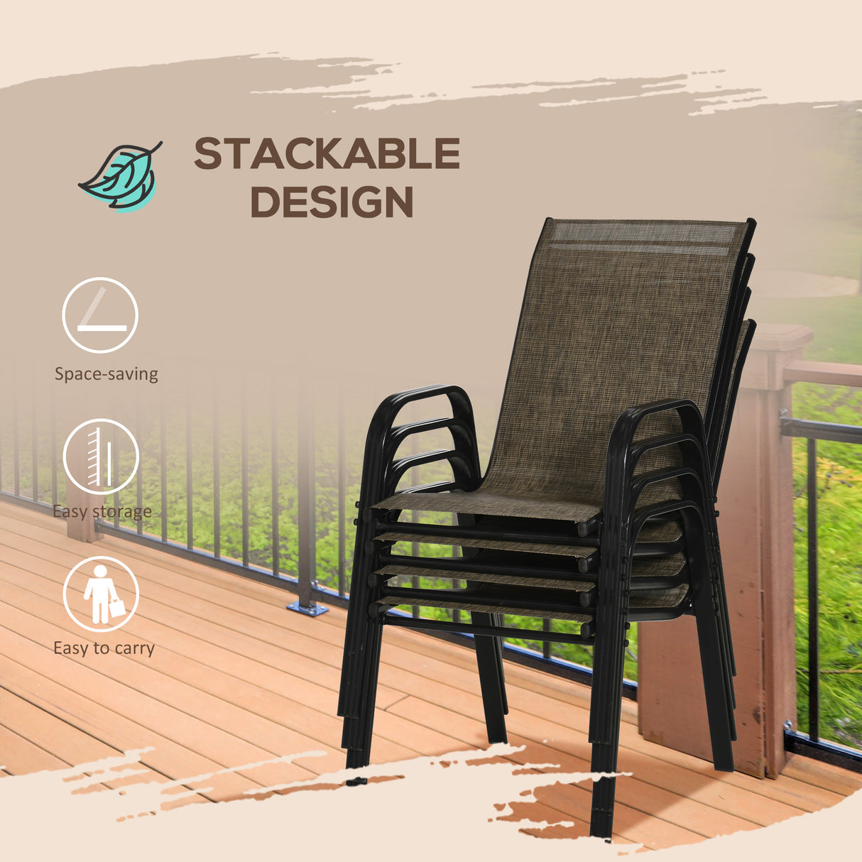 easycomfort set 4 pezzi sedie da giardino con braccioli sedie da esterno impilabili in metallo e tessuto traspirante marrone
