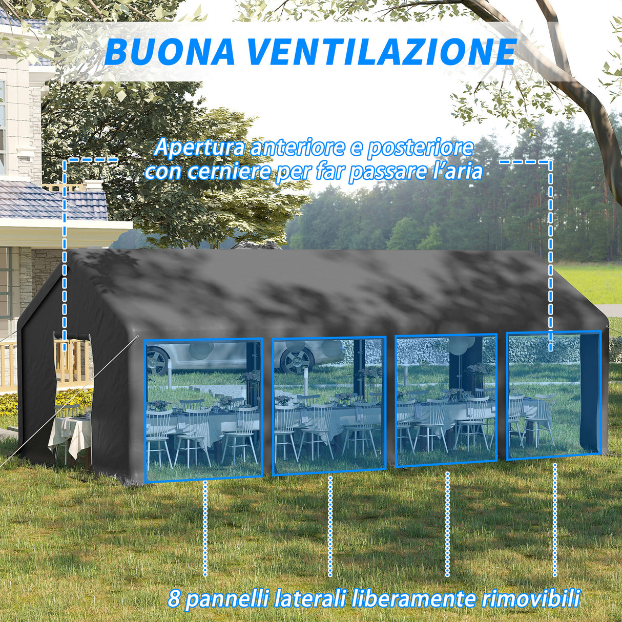 easycomfort tendone da giardino per feste con porte a cerniera e pannelli removibili 8x4m grigio scuro