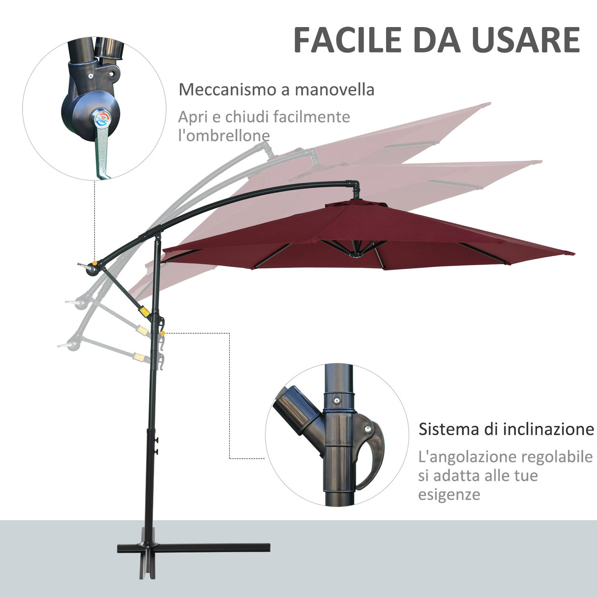 easycomfort easycomfort ombrellone da esterni 3x2 5 m decentrato rosso scuro in poliestere anti uv e acciaio con manovella