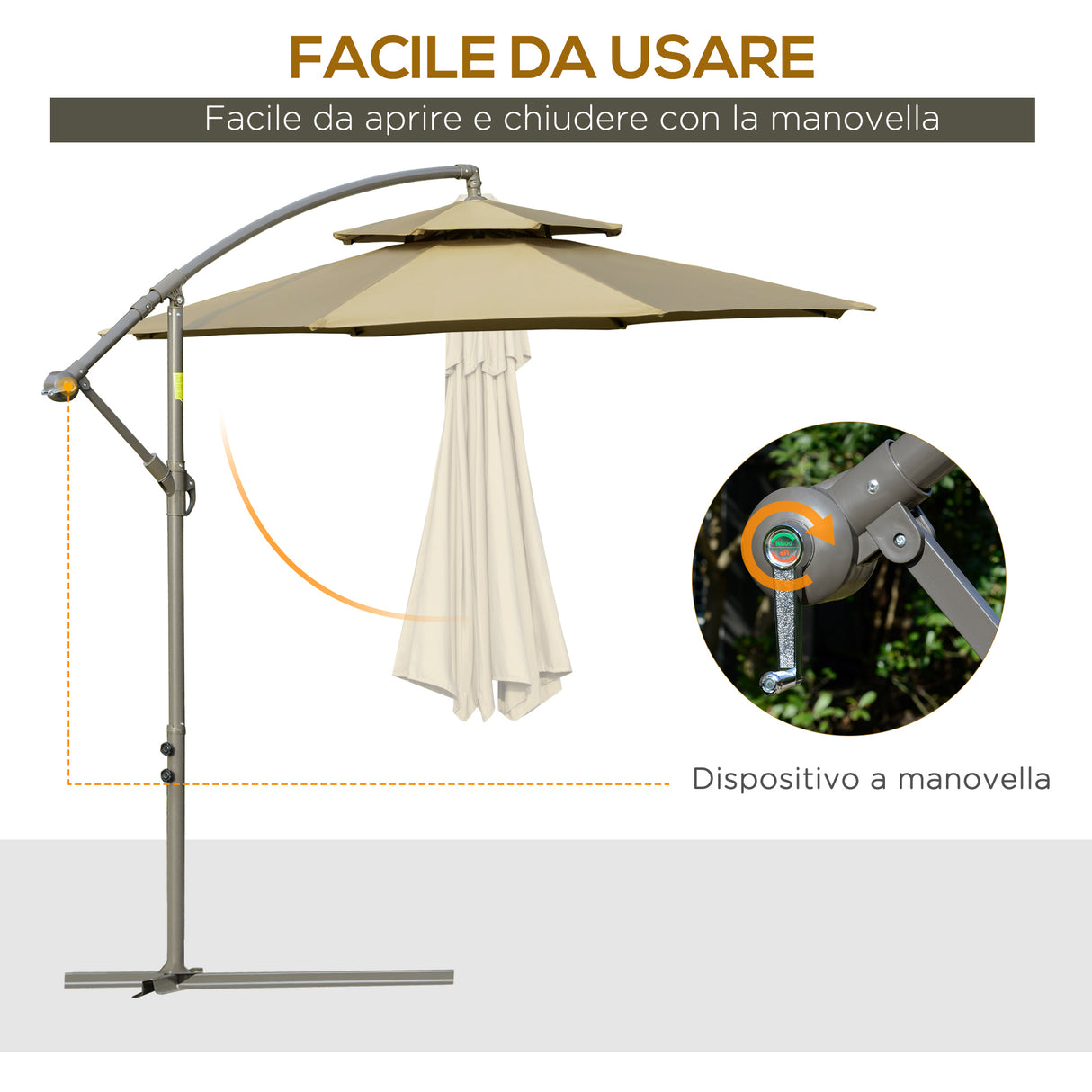easycomfort ombrellone a braccio da esterni 2.7x2.7 cm con tettuccio regolabile a 2 livelli e base a croce marrone