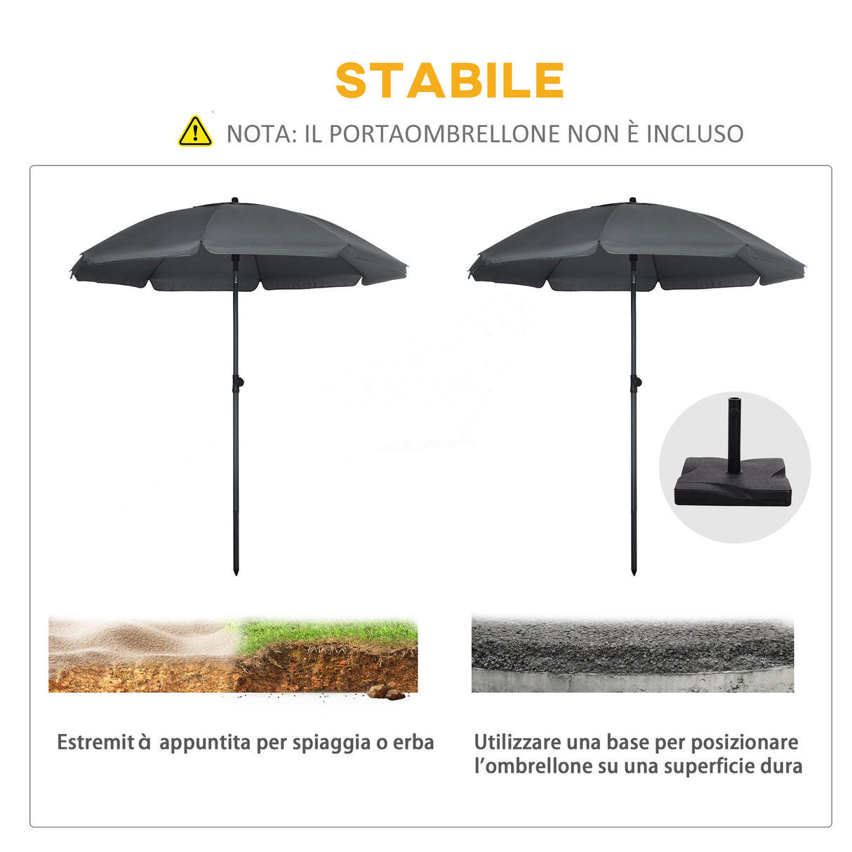 easycomfort ombrellone da spiaggia 1.8x2 m in poliestere e acciaio a 8 stecche con reclinazione a 45 grigio