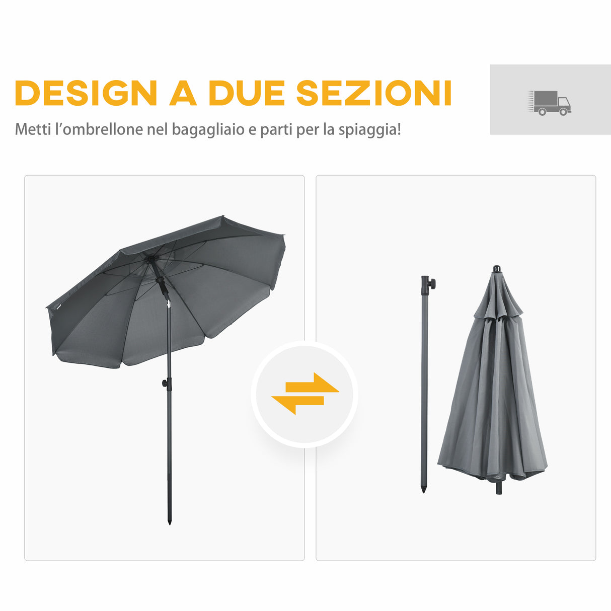 easycomfort ombrellone da spiaggia 1.8x2 m in poliestere e acciaio a 8 stecche con reclinazione a 45 grigio