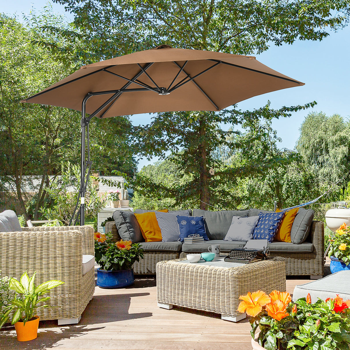 easycomfort ombrellone da giardino 3x2.5 m in metallo e poliestere a 6 stecche con base a croce marrone