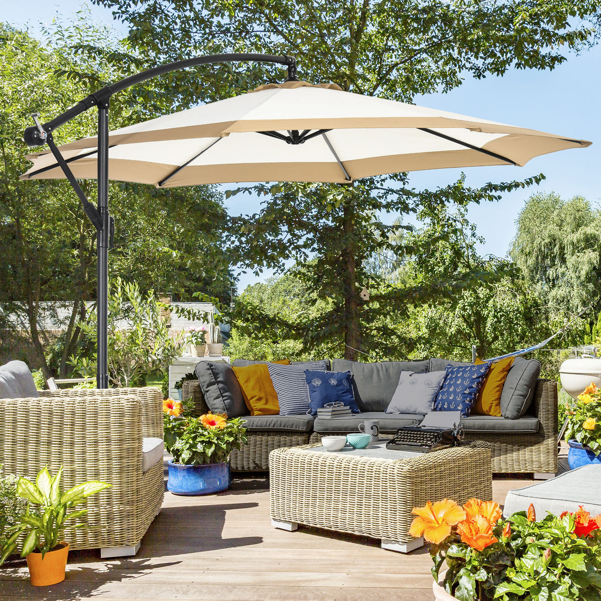 easycomfort ombrellone 3x2 m da giardino in acciaio e poliestere con base a croce e presa d aria marrone e crema