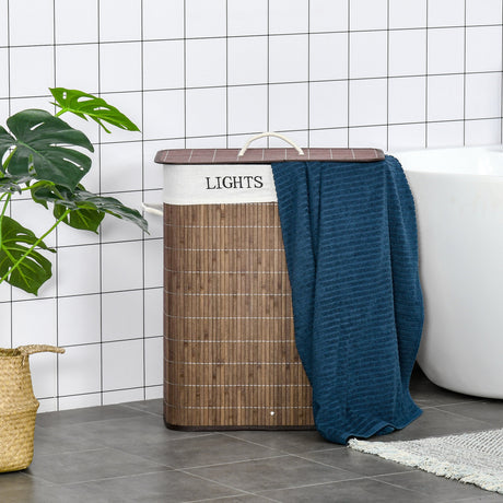 easycomfort easycomfort cesto per biancheria bambu da 100l con 2 scomparti coperchio e maniglie 52x32x63cm marrone