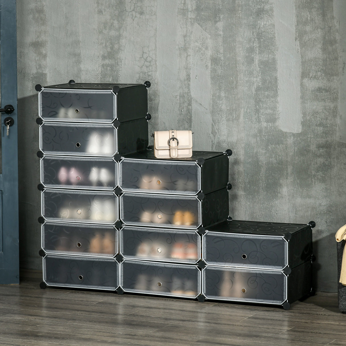 easycomfort easycomfort mobile scarpiera modulare salvaspazio 12 cubi 45x35x16 cm in acciaio e pp nero e bianco