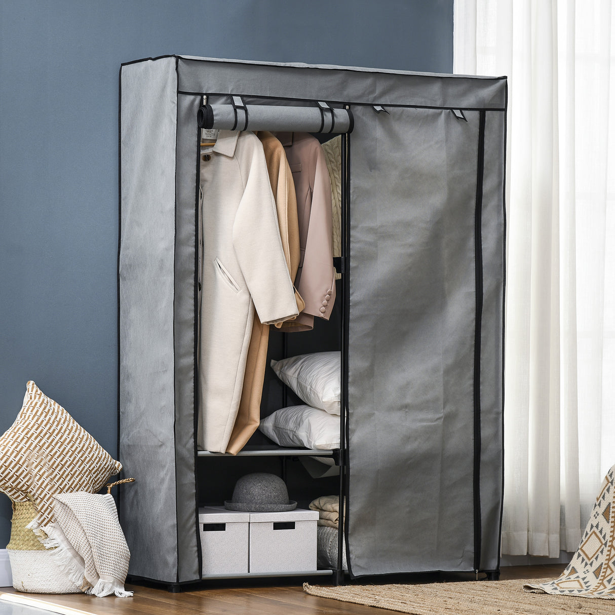 easycomfort easycomfort armadio guardaroba portatile in tessuto non tessuto con 4 ripiani aperti e 2 appendini 118x49x170 cm grigio