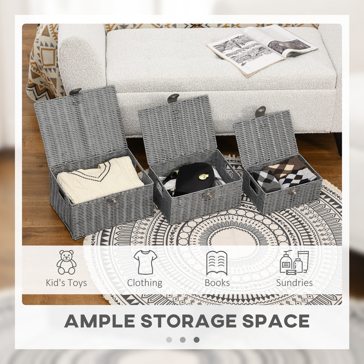 easycomfort easycomfort set di 3 cesti in vimini pp con coperchio di diverse dimensioni grigio