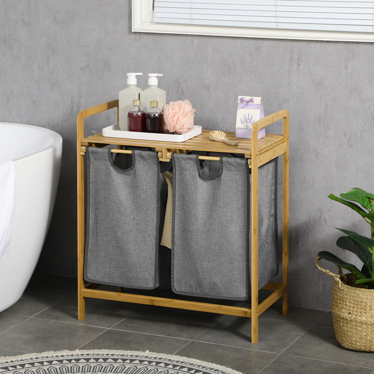 easycomfort easycomfort portabiancheria in legno di bambu con doppio cesto estraibile e ripiano a doghe 63 5x33x73cm grigio