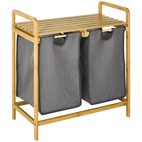 easycomfort easycomfort portabiancheria in legno di bambu con doppio cesto estraibile e ripiano a doghe 63 5x33x73cm grigio