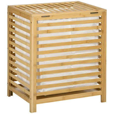 easycomfort easycomfort cesto portabiancheria a doghe in bambu e tessuto con coperchio e sacca rimovibile 50x36x60 cm
