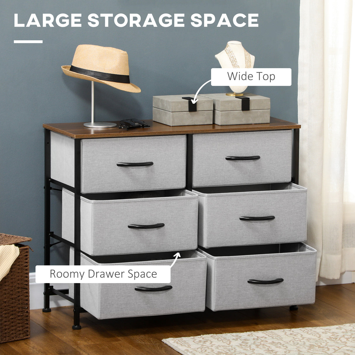 easycomfort easycomfort cassettiera 6 cassetti in tessuto rimovibili in legno e acciaio stile industriale 80x30x62 5cm