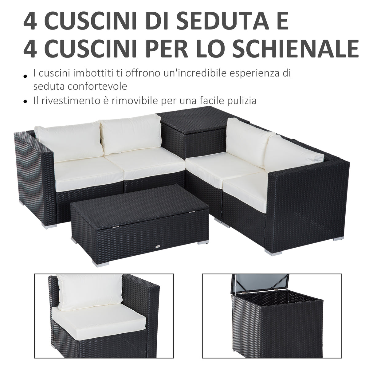 easycomfort set da giardino 6 pezzi 4 poltrone con cuscini e 2 tavolini contenitore in rattan pe nero e crema