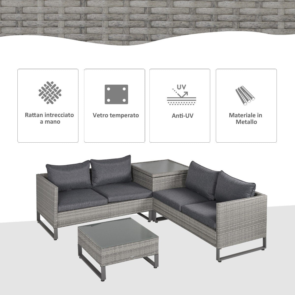 easycomfort easycomfort divano 3 posti da esterni in pe rattan con cuscini a righe grigio 173x68x78cm