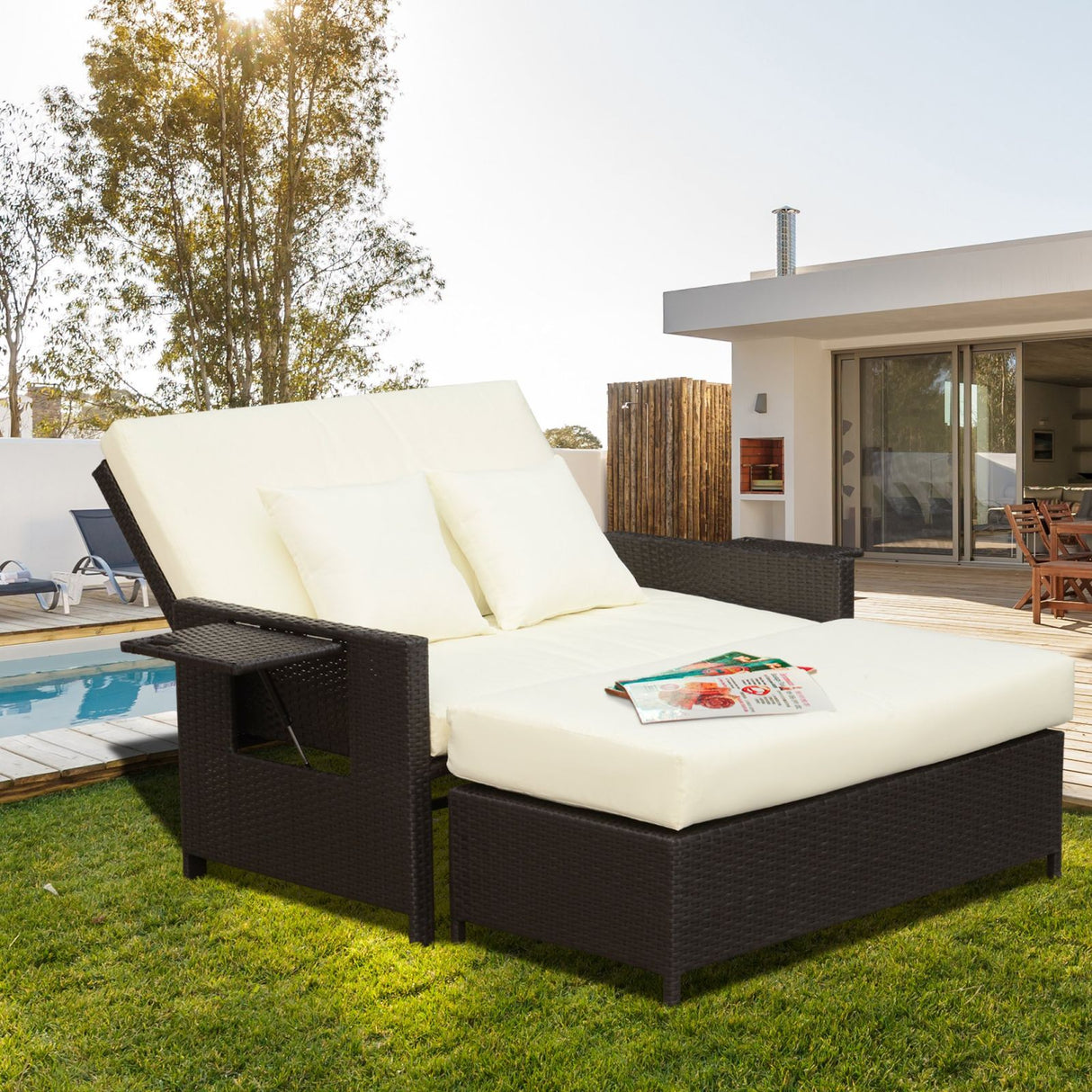 easycomfort easycomfort divanetto da giardino con panca poggiapiedi in rattan pe marrone