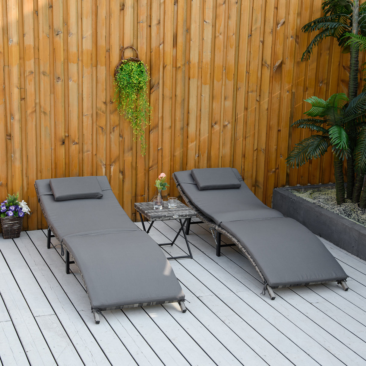 easycomfort lettini prendisole richiudibili con cuscini rimovibili e tavolino pieghevole set 3 pz in rattan grigio 33098