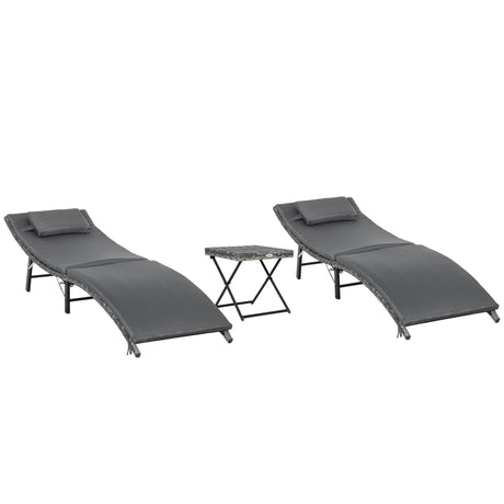 easycomfort lettini prendisole richiudibili con cuscini rimovibili e tavolino pieghevole set 3 pz in rattan grigio 33098