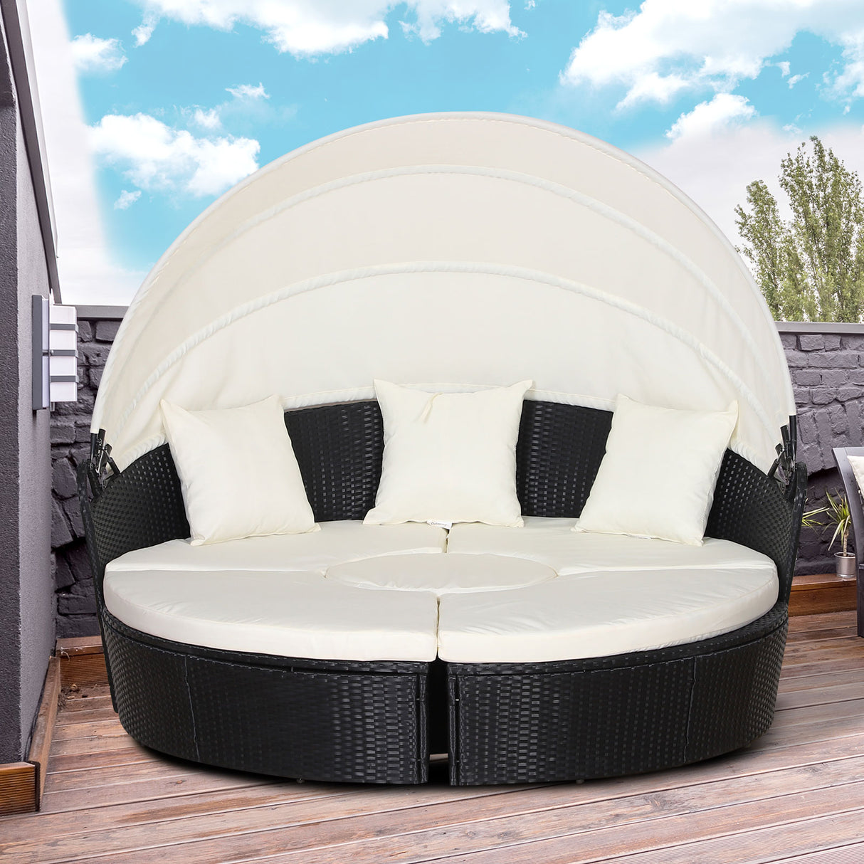 easycomfort easycomfort set 4 pzi divano circolare da giardino mobili componibili rattan nero tettuccio e cuscini beige 180x175x147cm