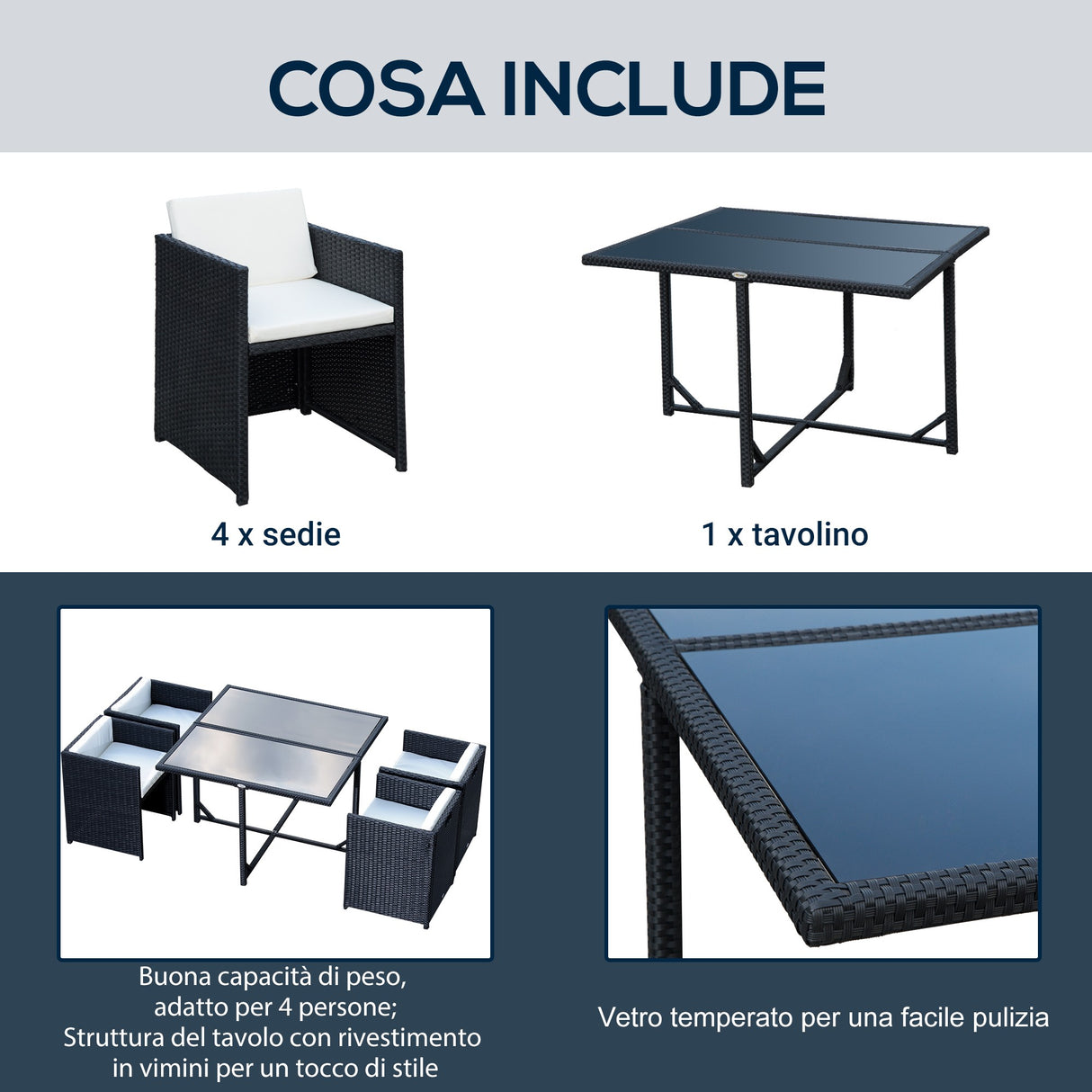 easycomfort easycomfort set mobili da giardino 5pz set tavolo da pranzo con 4 sedie con cuscini combinabili a rettangolo nero 109x109x72 cm