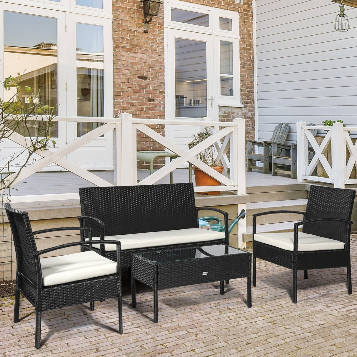 easycomfort easycomfort salotti da giardino in pe rattan con tavolino 2 poltrone e divano con cuscini nero