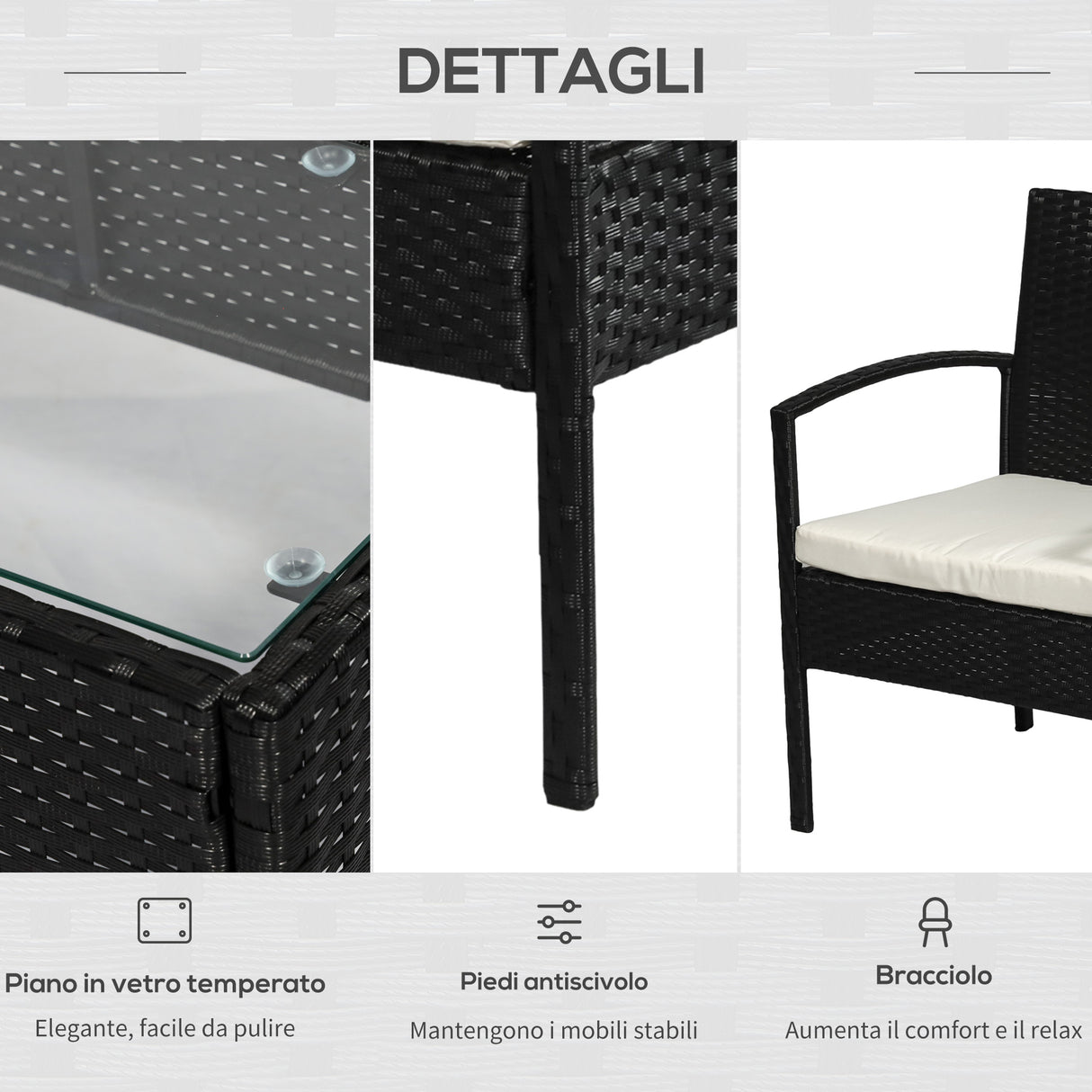 easycomfort easycomfort salotti da giardino in pe rattan con tavolino 2 poltrone e divano con cuscini nero
