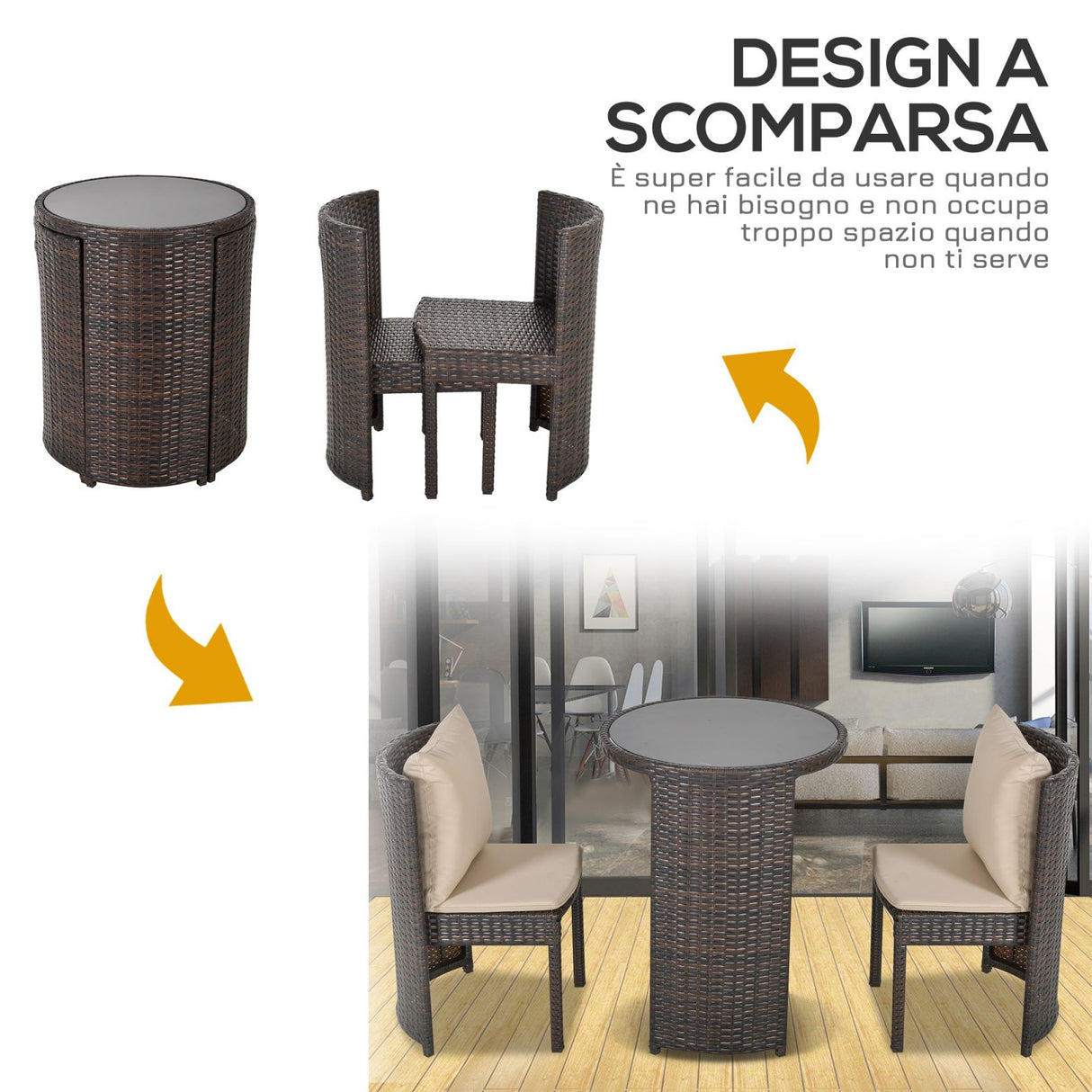 easycomfort easycomfort set tavolino e 2 sedie da esterno in pe rattan marrone e beige