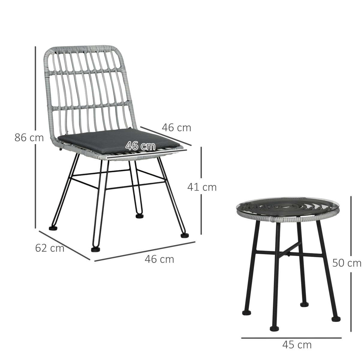 easycomfort set mobili da giardino 3 pezzi con tavolino e sedie in rattan pe poilestere e acciaio per esterni grigio