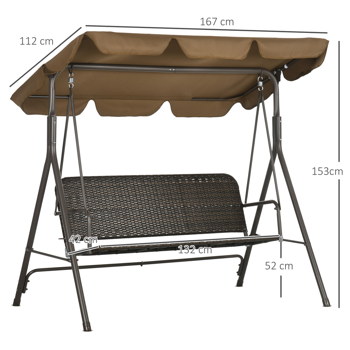 easycomfort dondolo da giardino 3 posti con tettuccio regolabile in rattan pe e acciaio 167x112x153cm