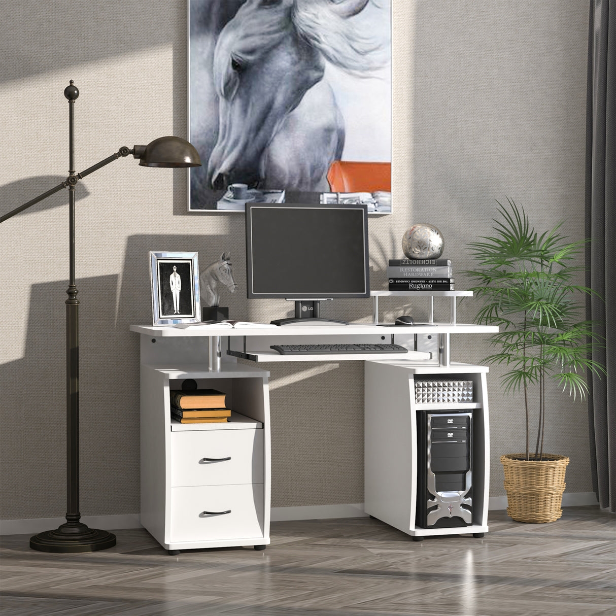 easycomfort easycomfort scrivania per pc con ripiano per tastiera e per monitor e 2 cassetti 120x55x85 cm bianca