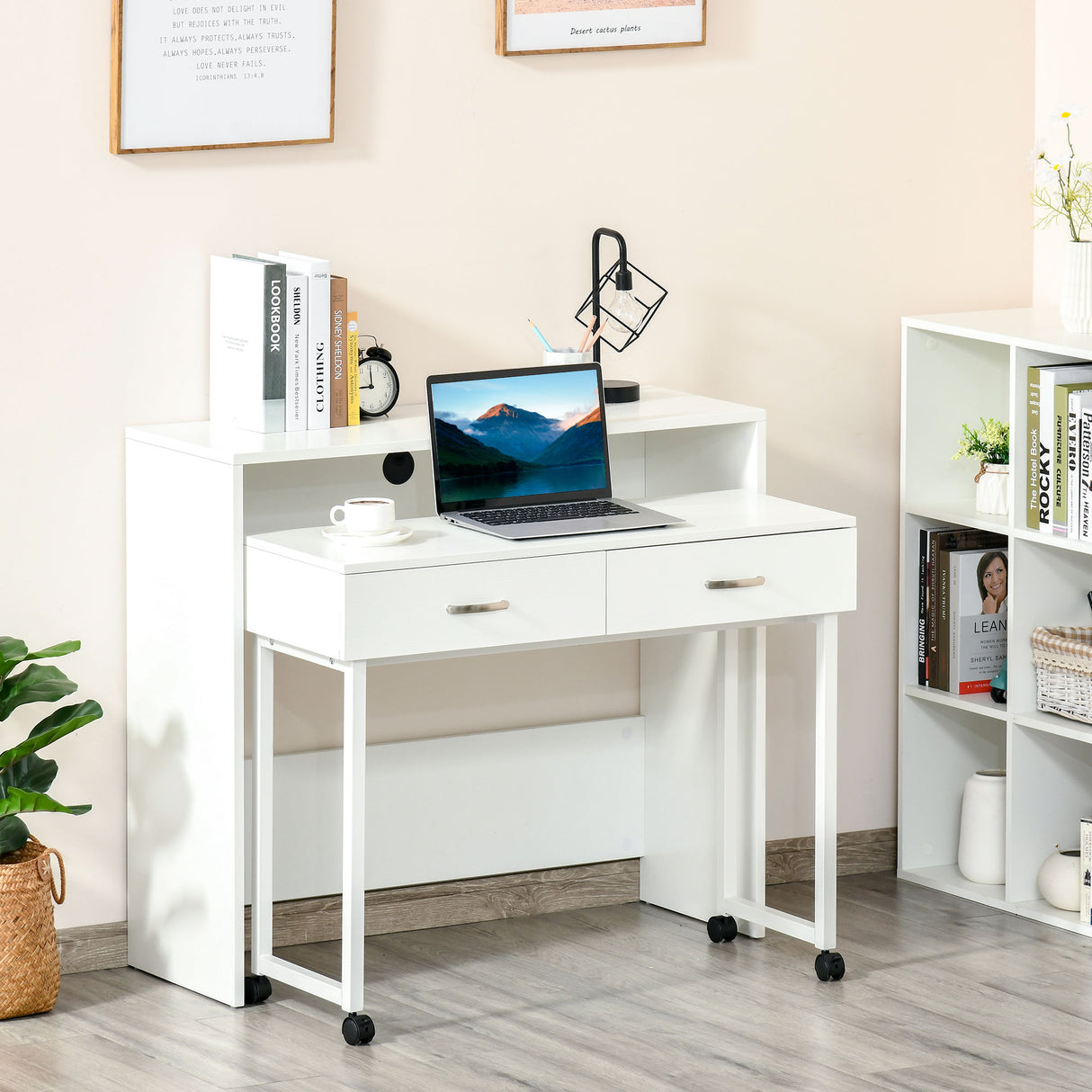 easycomfort easycomfort tavolo scrivania salvaspazio per camera e ufficio scrivania con cassetti e ruote postazione di lavoro doppia o singola 100x36x88cm bianco