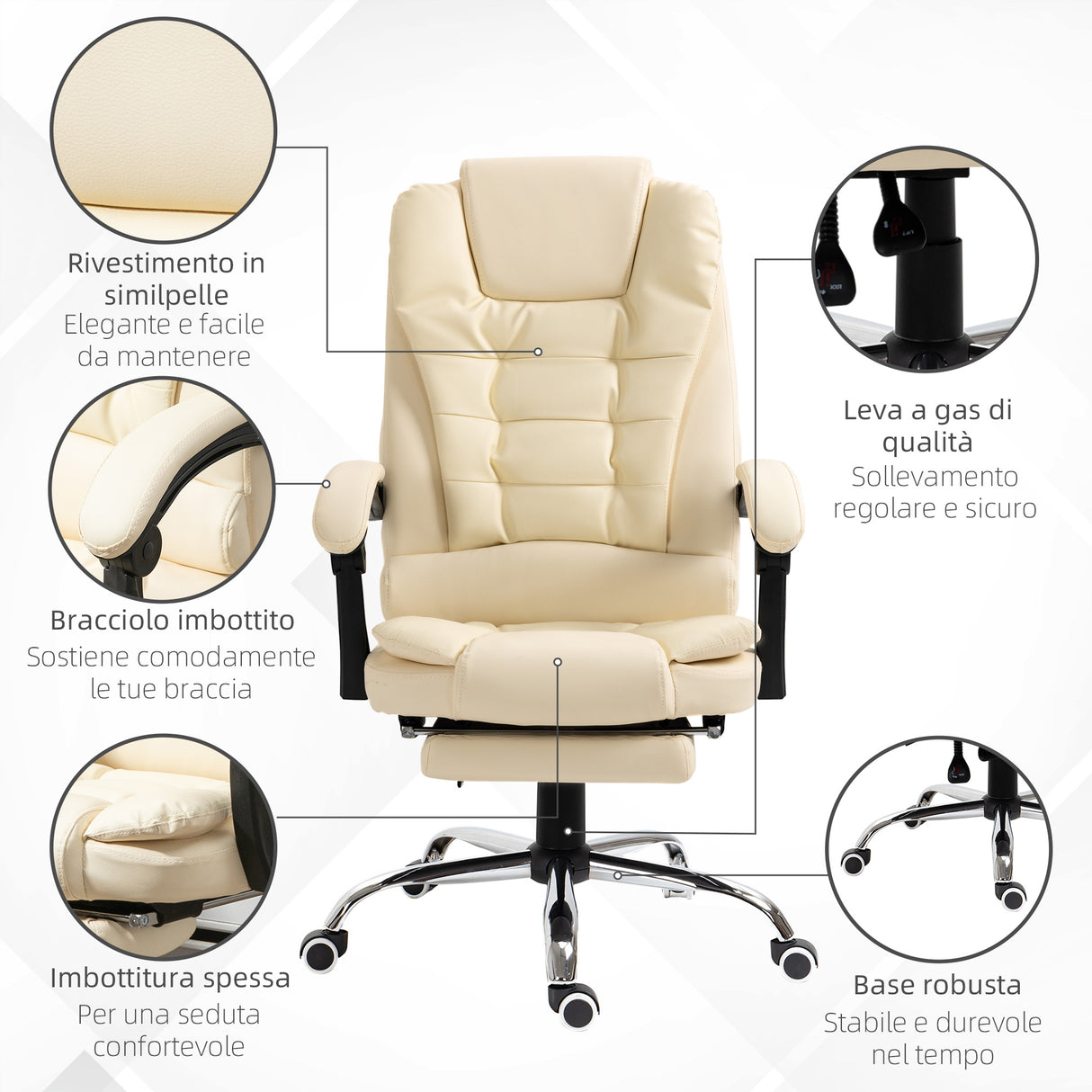 easycomfort easycomfort poltrona presidenziale in similpelle bianca con schienale reclinabile 145 e poggiapiedi 64 5x69x109 117 cm