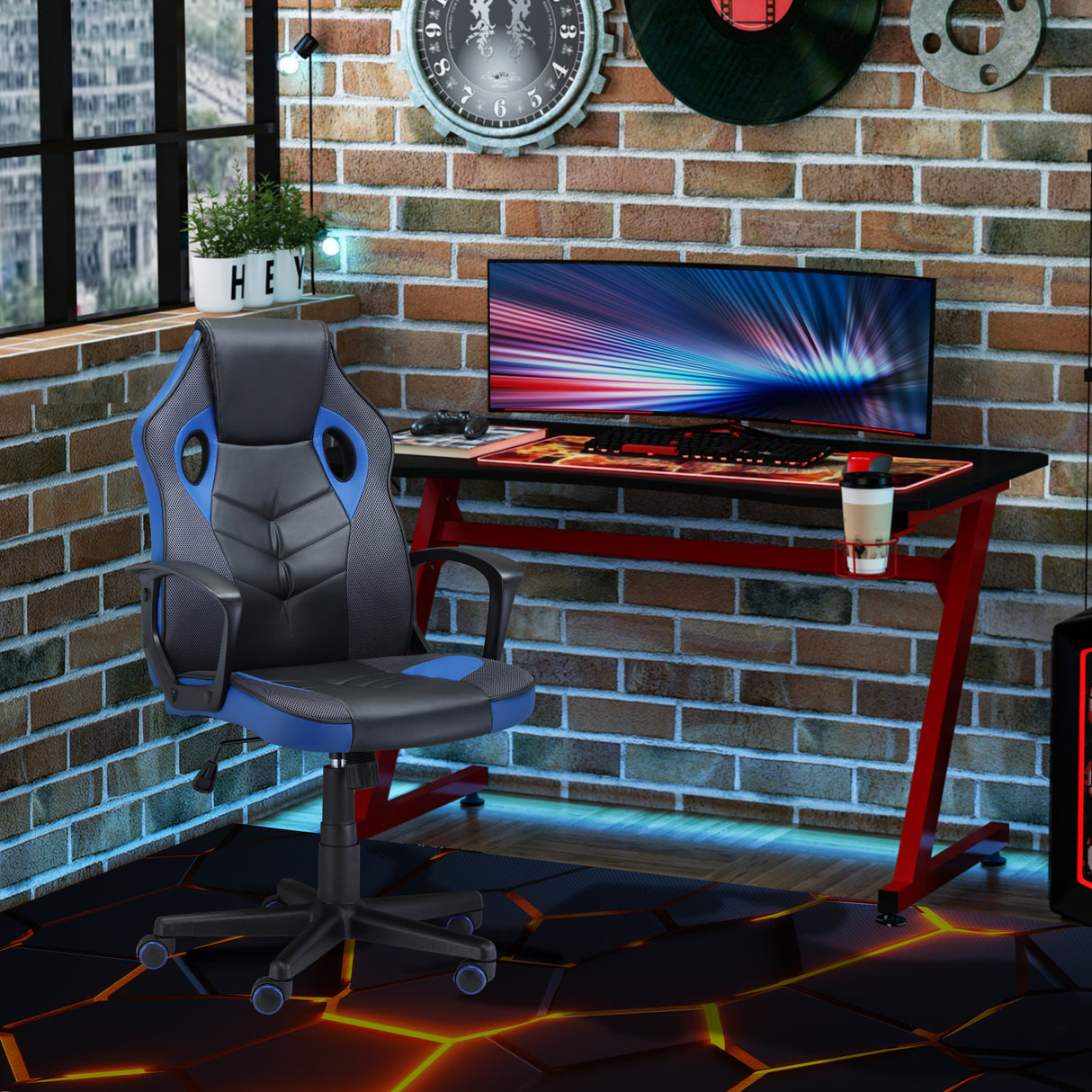 easycomfort sedia da gaming poltrona da ufficio girevole con ruote in similpelle nera blu