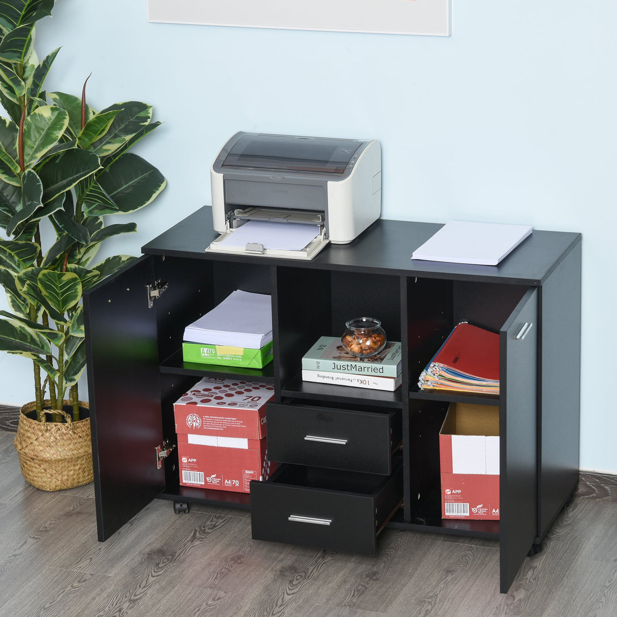 easycomfort easycomfort armadietto portastampante per lufficio con ruote a 360 in legno nero ean 8054111848787