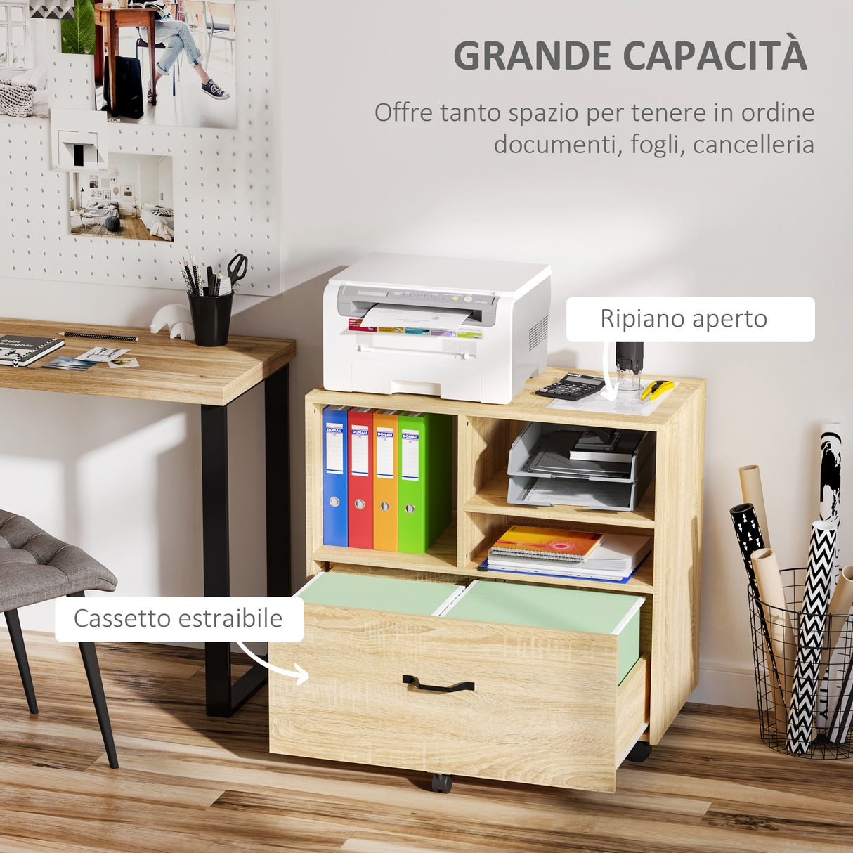 easycomfort mobile multiuso per ufficio porta stampante con 5 ruote e ripiano regolabile 77x40x73cm   legno