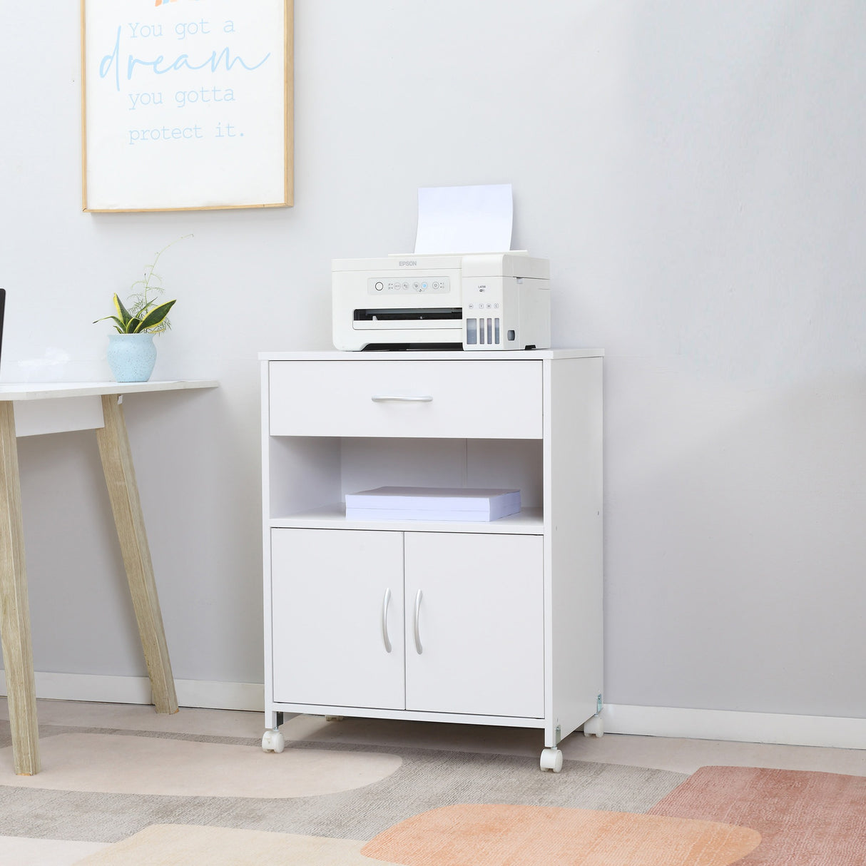 easycomfort easycomfort mobile porta stampante con 4 ruote cassetto e armadietto 60x39x80cm bianco