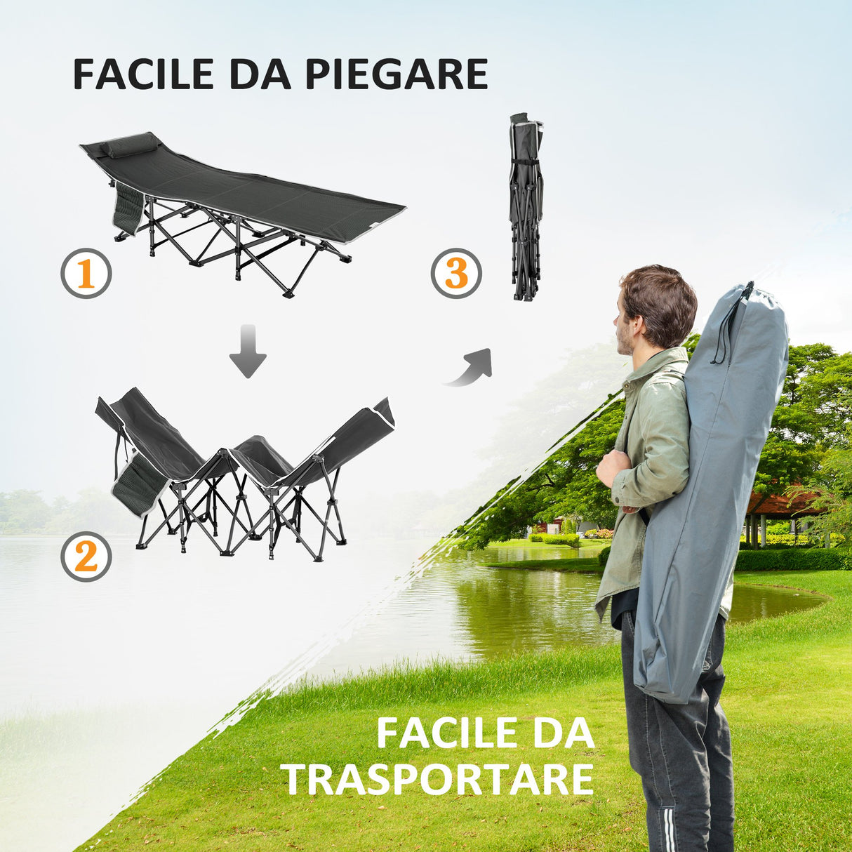 easycomfort lettino pieghevole da campeggio per adulti con cuscino e borsa trasporto 188x64.5x53cm blu