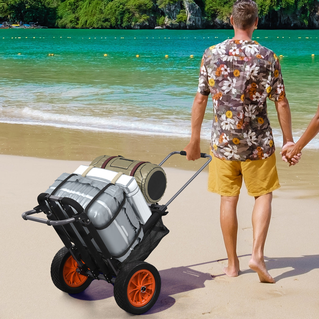 easycomfort easycomfort carrello da spiaggia pieghevole con tasca in rete manico telescopico e cavalletto 82x67x81 cm