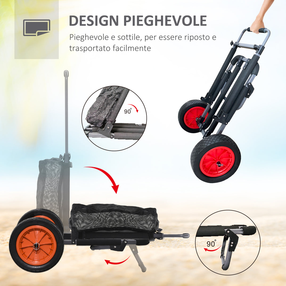 easycomfort easycomfort carrello da spiaggia pieghevole con tasca in rete manico telescopico e cavalletto 82x67x81 cm
