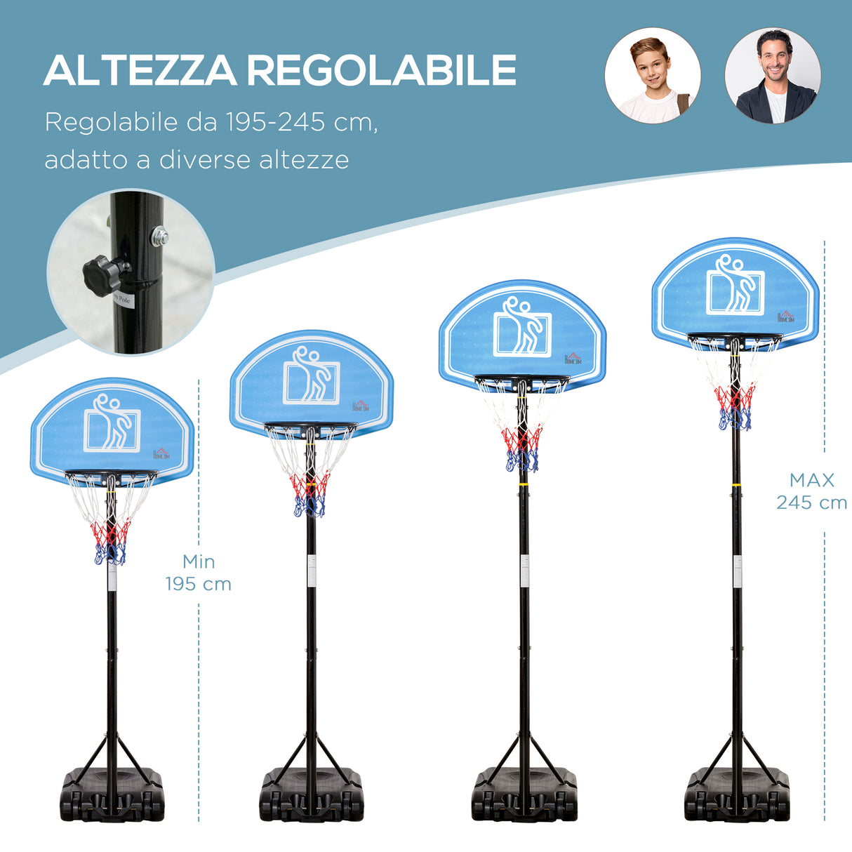 easycomfort canestro basket con altezza regolabile 195 245cm base con ruote e tabellone blu