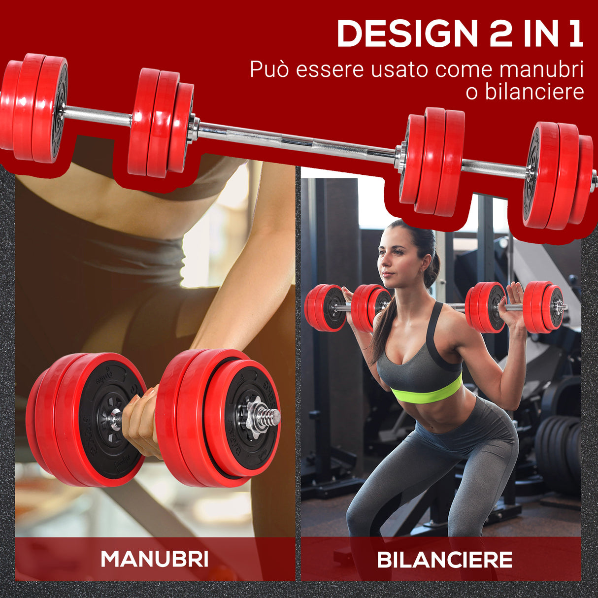 easycomfort set 2 in 1 bilanciere e manubri pesi da 30kg dischi con rivestimento in plastica antigraffio rosso