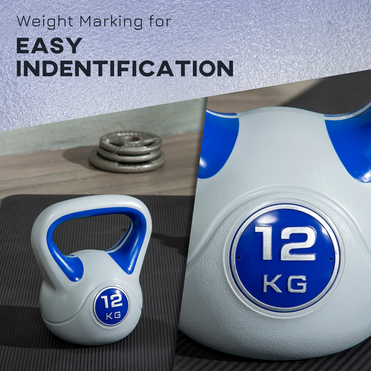 easycomfort kettlebell 12kg in pu e sabbia con base piatta e impugnatura per stacchi squat e sollevamenti 24x17x28 cm blu