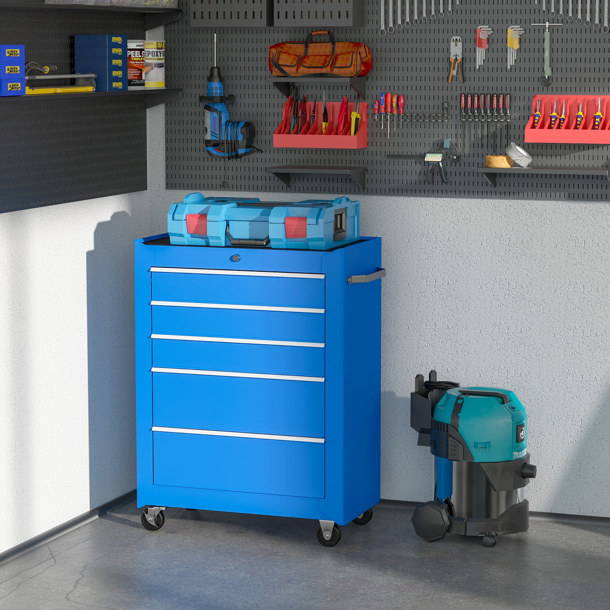 easycomfort easycomfort carrello porta utensili da officina con cassettiera azzurro 61.5 x 33 x 85cm